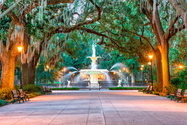 Robles cubiertos de musgo español junto a la fuente de Forsyth Park, Savannah.