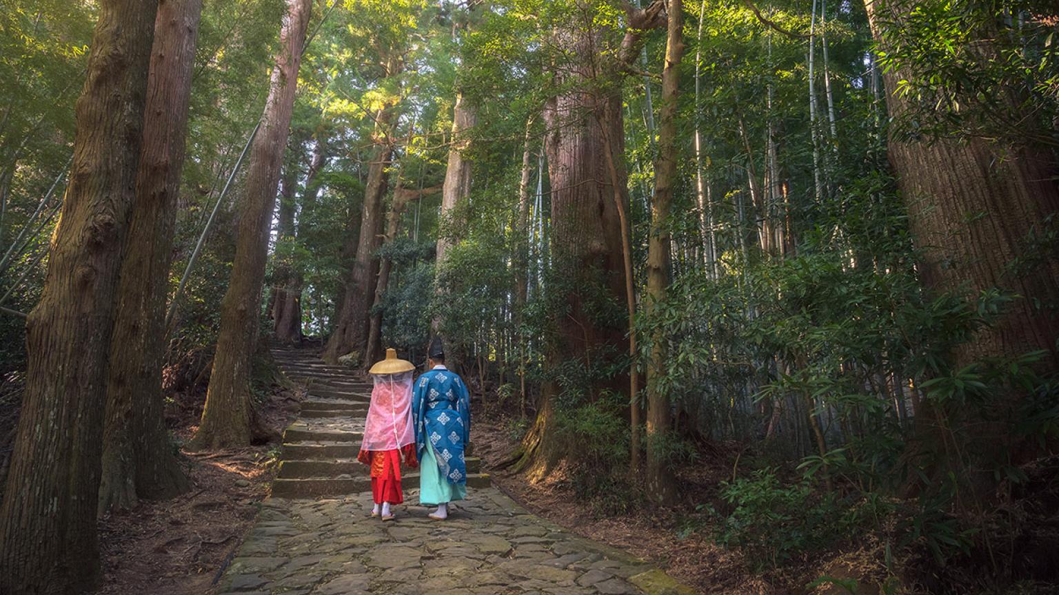 Peregrinos en Kumano Kodo, Wakayama, Japón