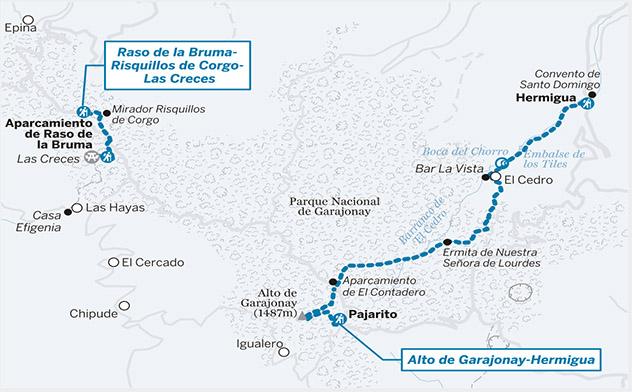 Mapa de las dos rutas para hacer senderismo por La Gomera, Canarias, España