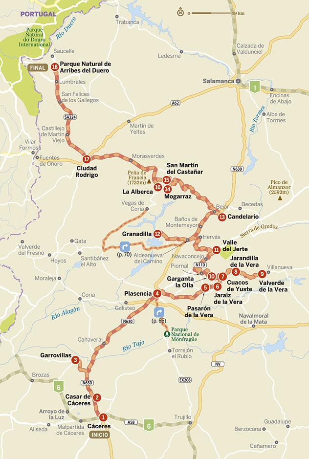 Mapa de las 18 paradas de la ruta por el oeste de España