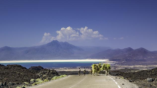 Ganaderos de camellos transportan hojas de palmeras más allá del lago Assal, el punto más bajo del continente africano © VUSLimited / iStockphoto / Getty Images